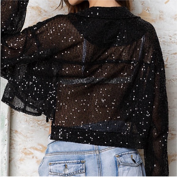 Oversized Button Down Black with Silver Sequins Cropped Blouse - Picture 7 of 9